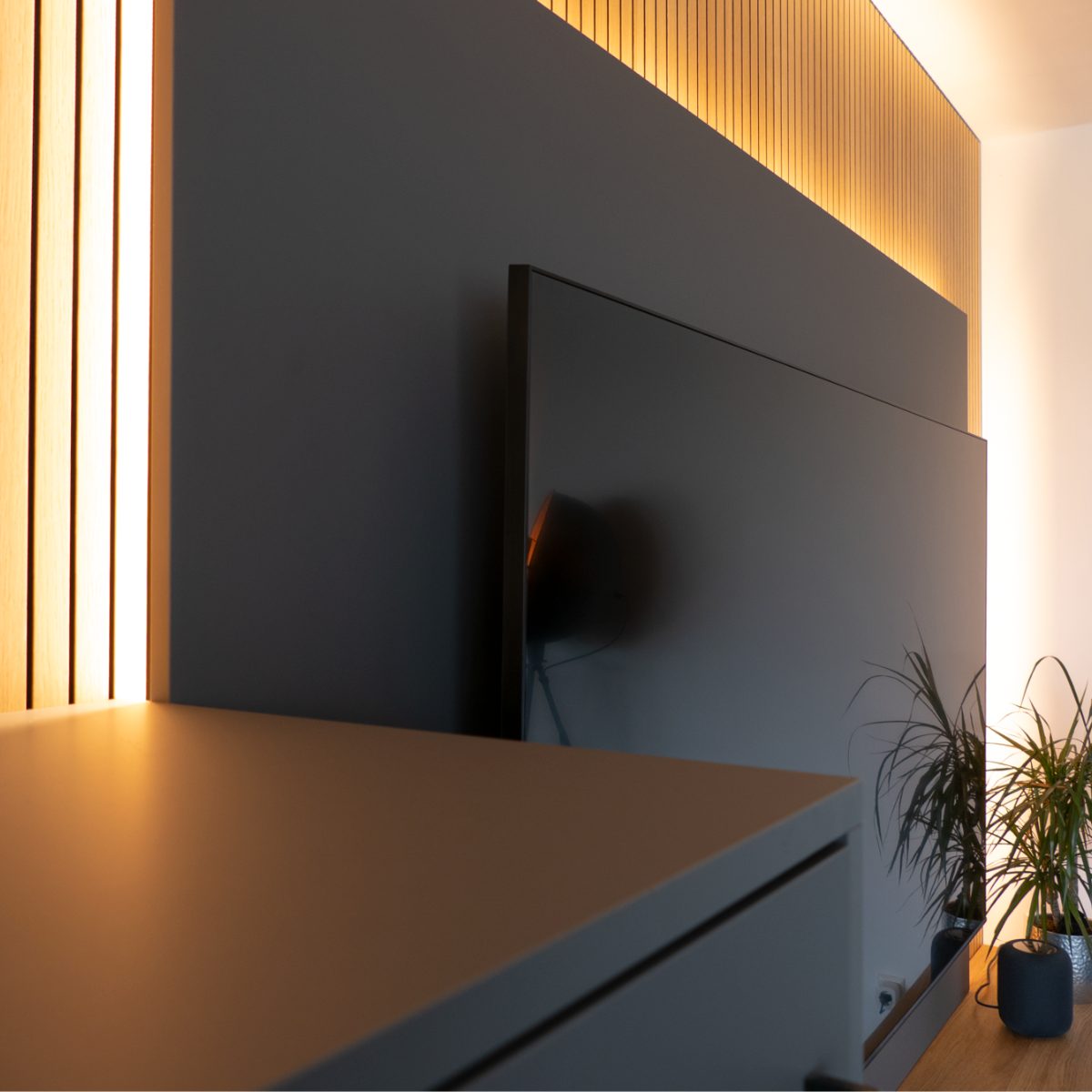 Wand mit dekorativen Holzpanels verkleidet, davor eine graue Holzplatte montiert, an der ein Fernseher befestigt ist.