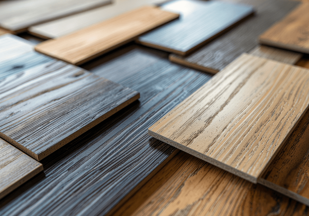 Mehrere sauber arrangierte Holzarten und Materialmuster in einem modernen Schreinerei‑Setting, darunter verschiedene Holzoberflächen und Platten für Planung und Materialauswahl.